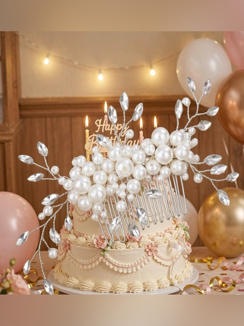 Pearl & Crystal Bridal Hair Comb - White Wedding Cake Topper